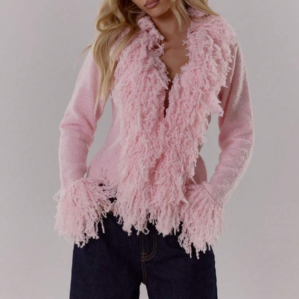 Pink Fringed Cardigan Sweater - Women's